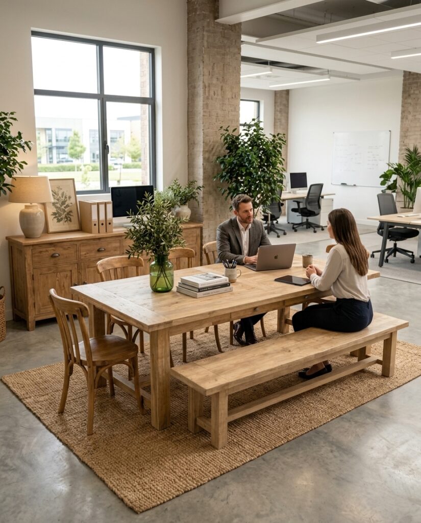 bureaux meublé avec une table et un banc en bois massif