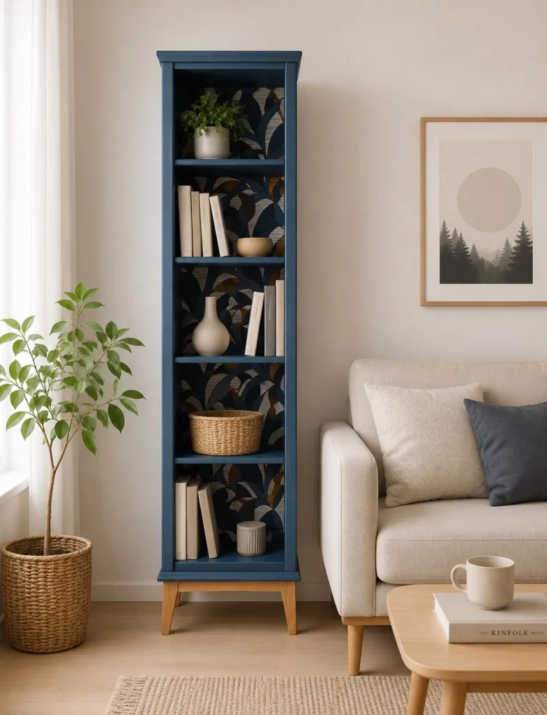 bibliothèque scandinave rénovée bleue vintage pieds compas