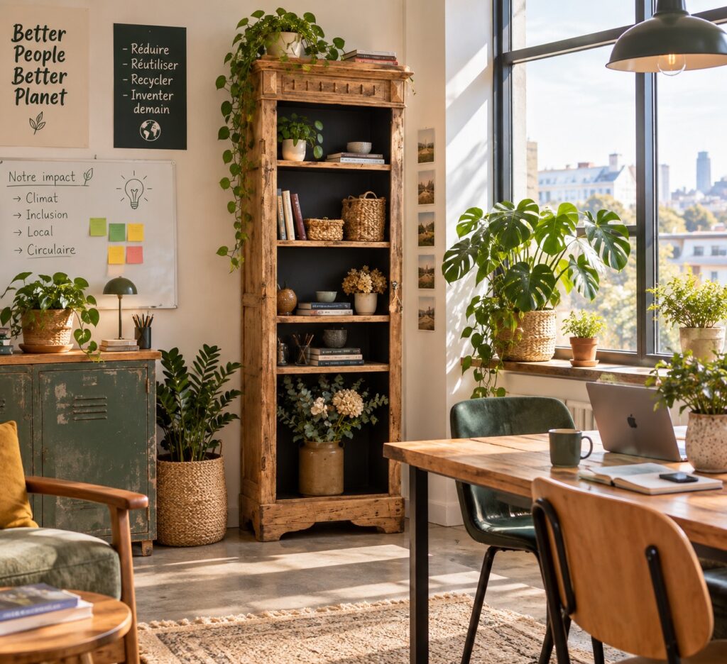 Etagère vintage en bois brut dans un environnement de travail RSE