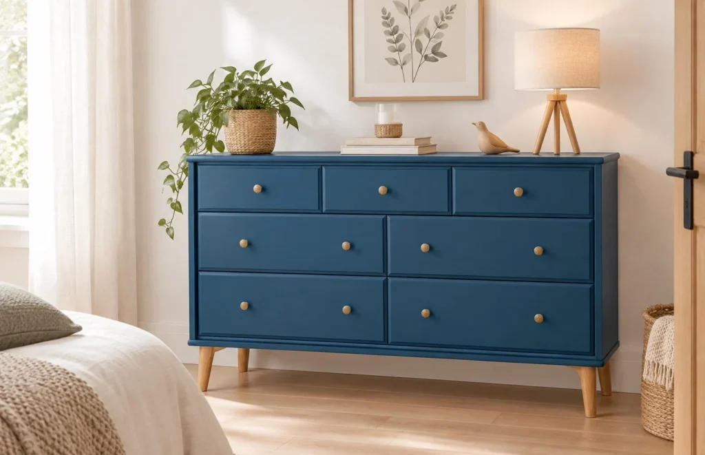Commode scandinave pieds compas rénovée bleu