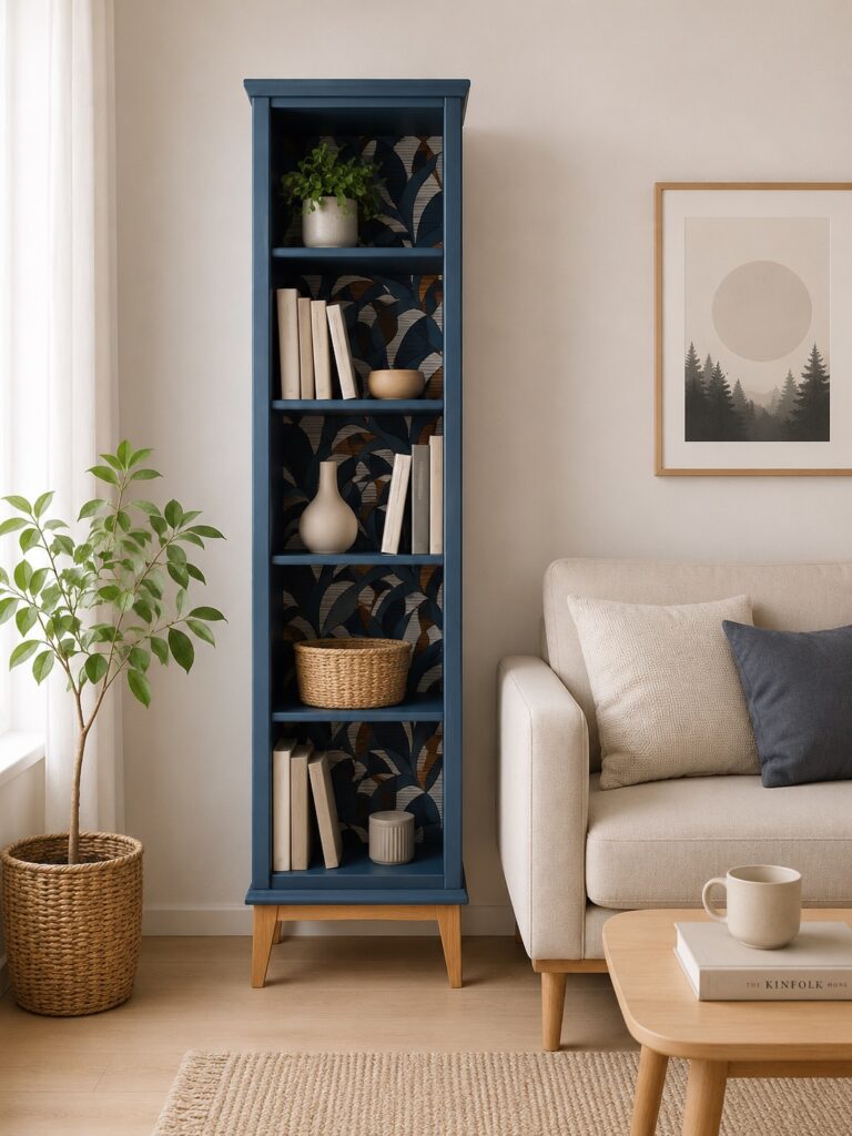 Bibliothèque bleue pieds compas